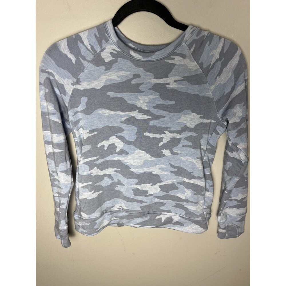 Athleta Girl Warm Up Printed Sweatshirt M 8-10 Blue Gray Camouflage Pockets Logo